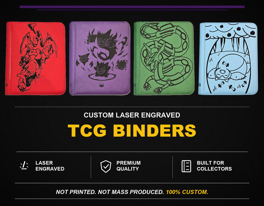 ICo Engraving laser-engraved TCG binders in red, purple, green and light blue featuring Charizard, Gengar, Rayquaza and Snorlax designs.