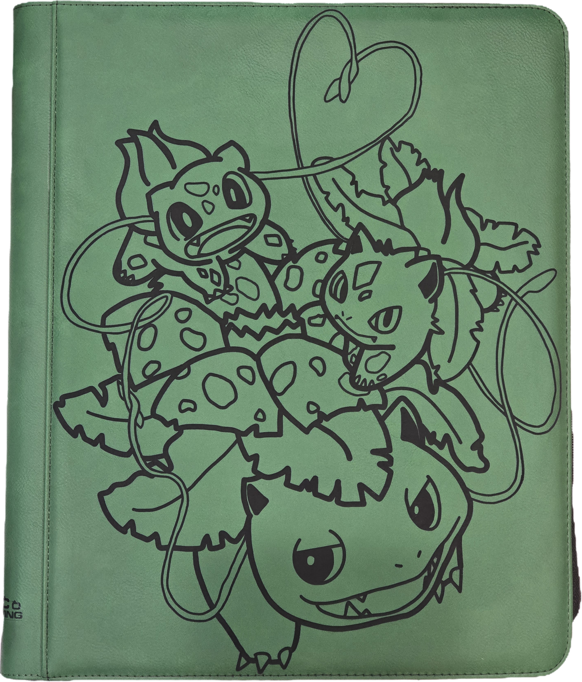 Sage green TCG binder with a laser-engraved Bulbasaur, Ivysaur and Venusaur design featuring a heart-shaped vine.