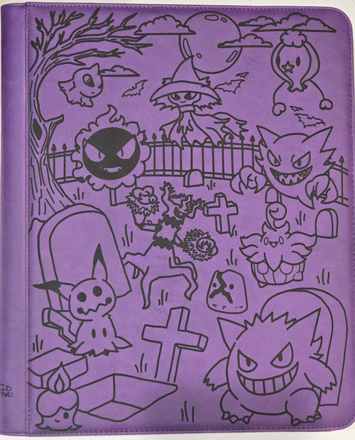 Purple TCG binder with a laser-engraved Ghost Graveyard scene featuring ghost characters.