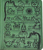 Sage green two-tone leatherette TCG binder with laser-engraved grass-type characters arranged on shelves with potted plants and trailing vines.