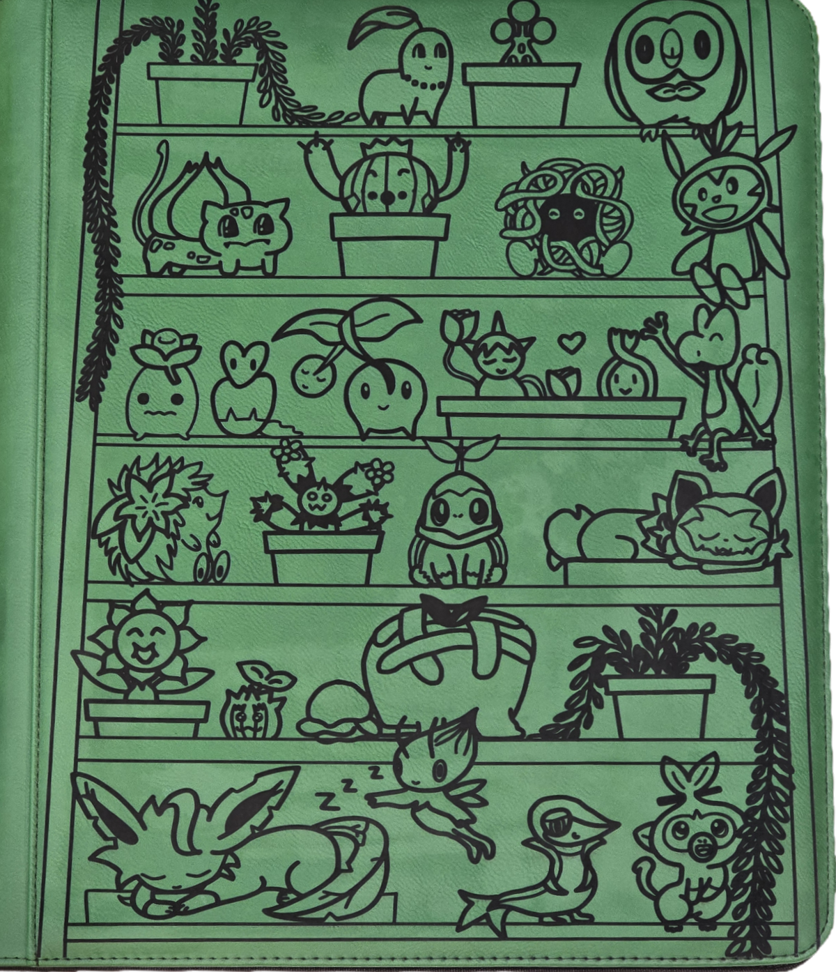 Sage green two-tone leatherette TCG binder with laser-engraved grass-type characters arranged on shelves with potted plants and trailing vines.